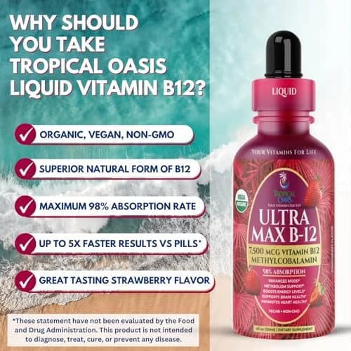 Tropical Oasis Ultra Max B12 Liquid Drops 4oz | Max 5000mcg Max Potency, Vegan, Strawberry Flavor thumbnail 6