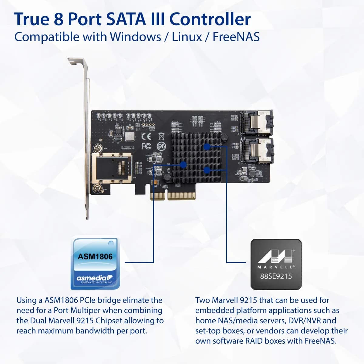 Syba 8 Port SATA III PCI-e x4 Expansion Card for FreeNAS & ZFS RAID - SI-PEX40137 thumbnail 3