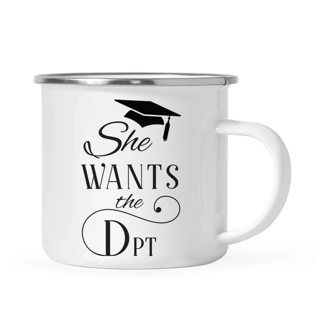 Andaz Press 11oz. Doctor of Physical Therapy Graduation Stainless Steel Campfire Coffee Mug Gift, She Wants The DPT, 1-Pack, Enamel Camping Cups for Graduates Students Class of 2025