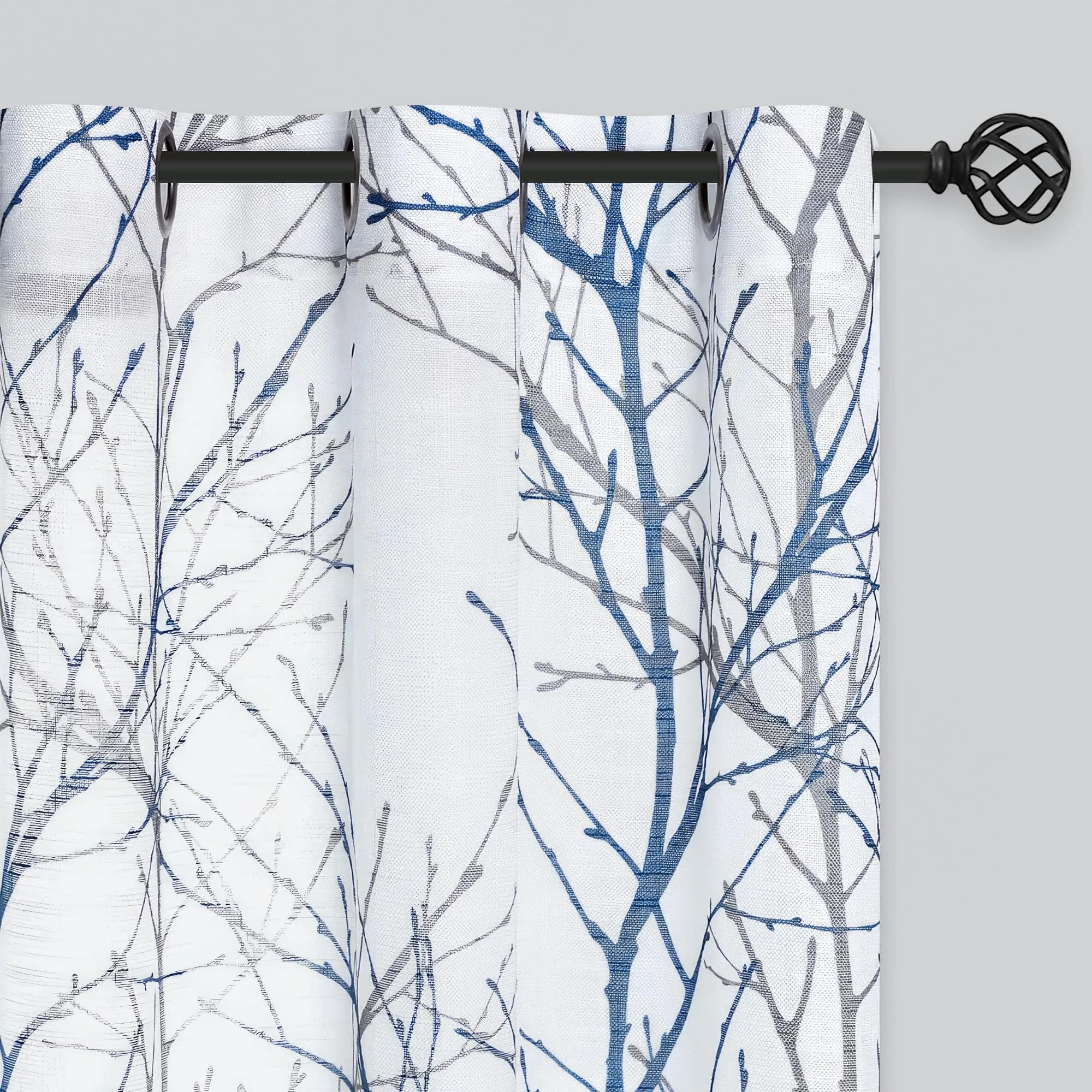 FMFUNCTEX Linen Blue White Semi Sheer Print Curtains 96 Inch Long | Natural-inspired Linen Look (98 characters) — 50"W x 96"L