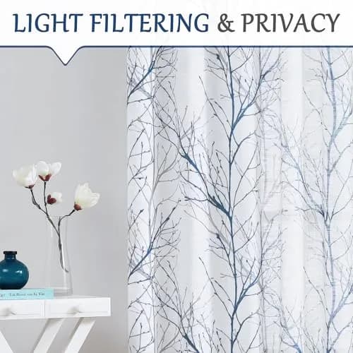 FMFUNCTEX Linen Blue White Semi Sheer Print Curtains 96 Inch Long | Natural-inspired Linen Look (98 characters) thumbnail 3