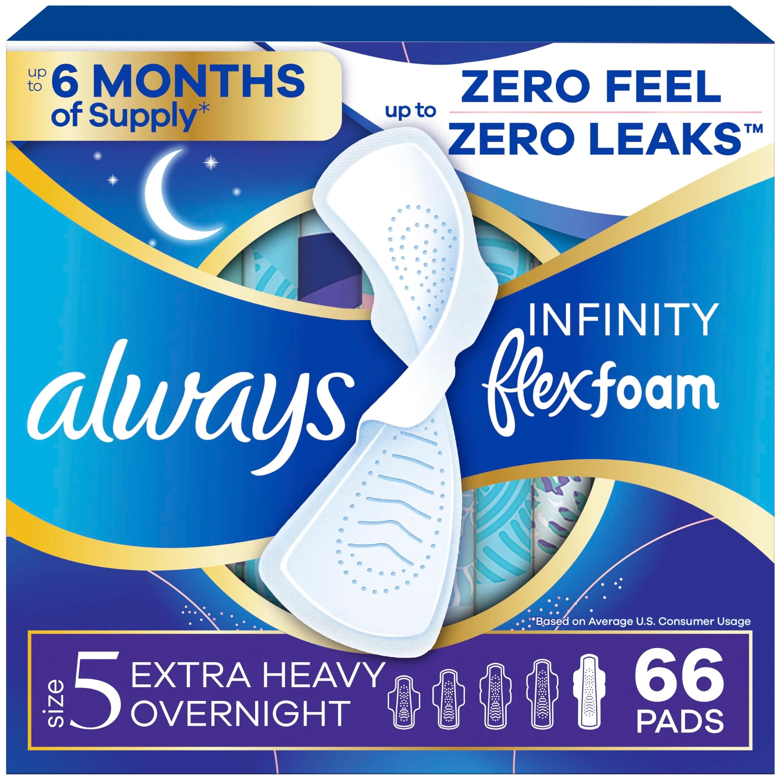 Always Infinity FlexFoam Feminine Pads Size 5 Extra Heavy Overnight Unscented 66 Count | Dermatologist Tested by Skin Health Alliance - main product image