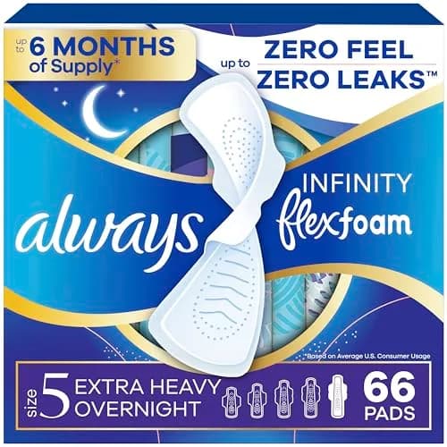 Always Infinity FlexFoam Feminine Pads Size 5 Extra Heavy Overnight Unscented 66 Count | Dermatologist Tested by Skin Health Alliance thumbnail 1