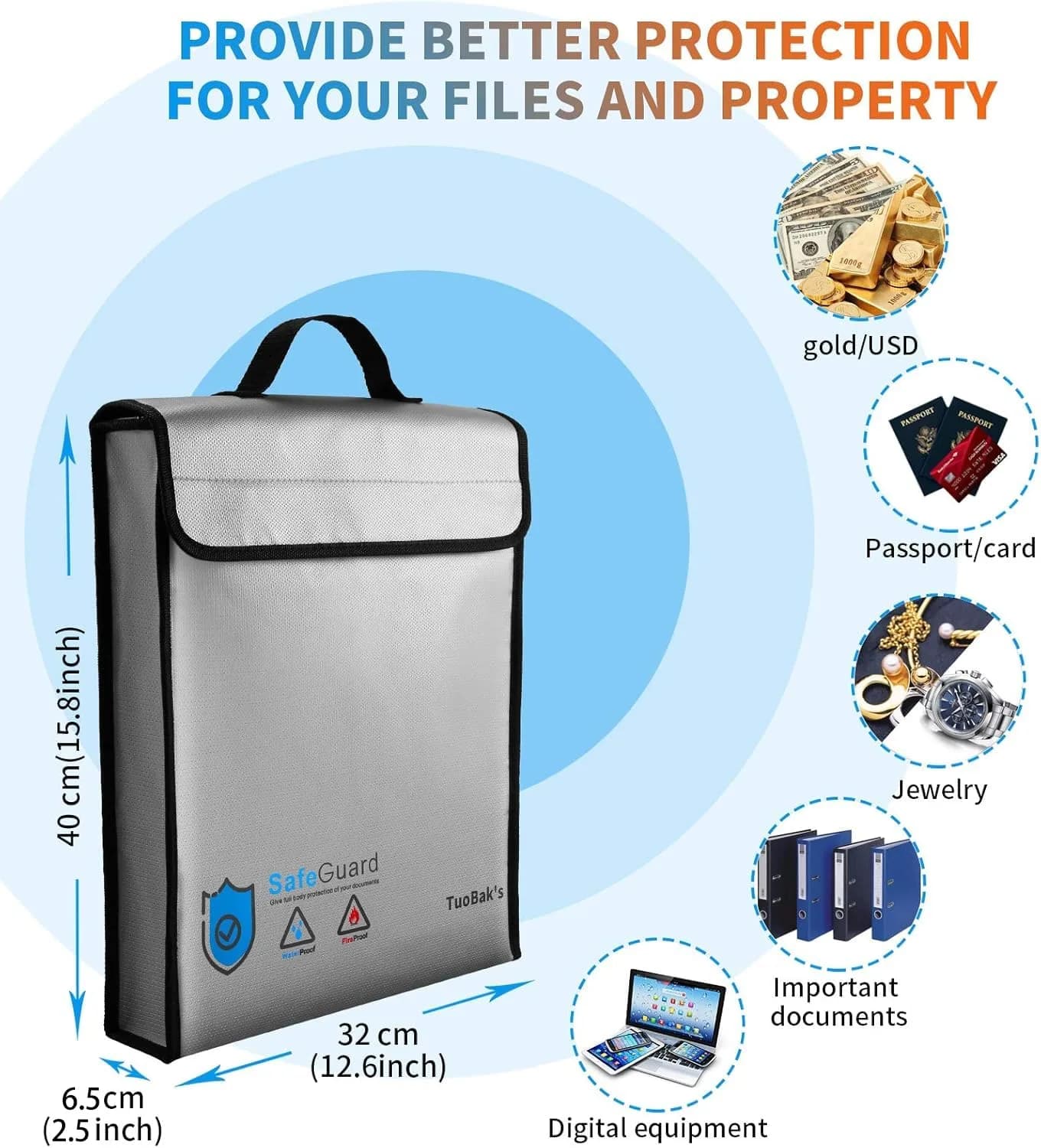 TuoBak's Fireproof Waterproof Document Bag with Zipper, Heat Insulated Organizer 40cm x 32cm x 8cm | Protects Valuables in India - view 3