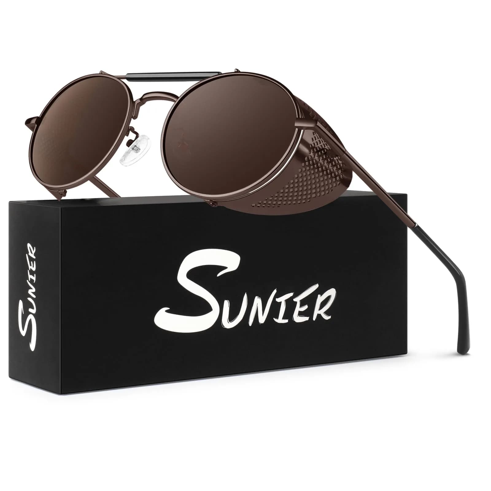 Sunier Round Polarized Steampunk Sunglasses Men Women Side Shield Goggles | UV400 Protection — Brown Frame Brown Polarized Lens