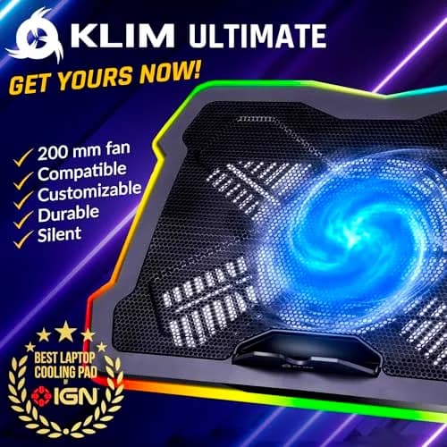 KLIM Ultimate RGB Laptop Cooling Pad with LED Rim | 42.5cm (16.7") x 31.5cm (12.4") Black Cooling Stand thumbnail 2