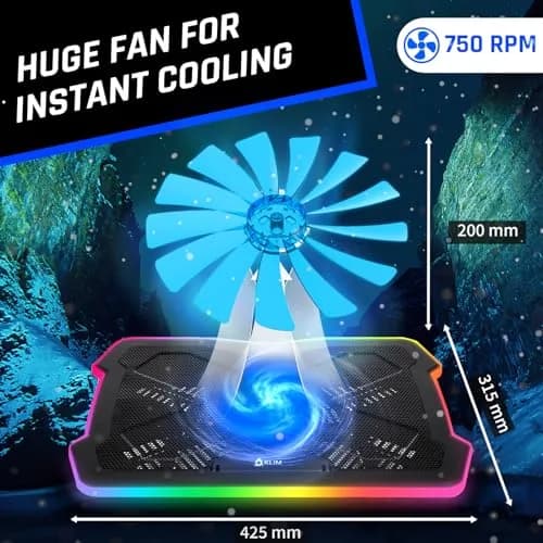 KLIM Ultimate RGB Laptop Cooling Pad with LED Rim | 42.5cm (16.7") x 31.5cm (12.4") Black Cooling Stand thumbnail 3