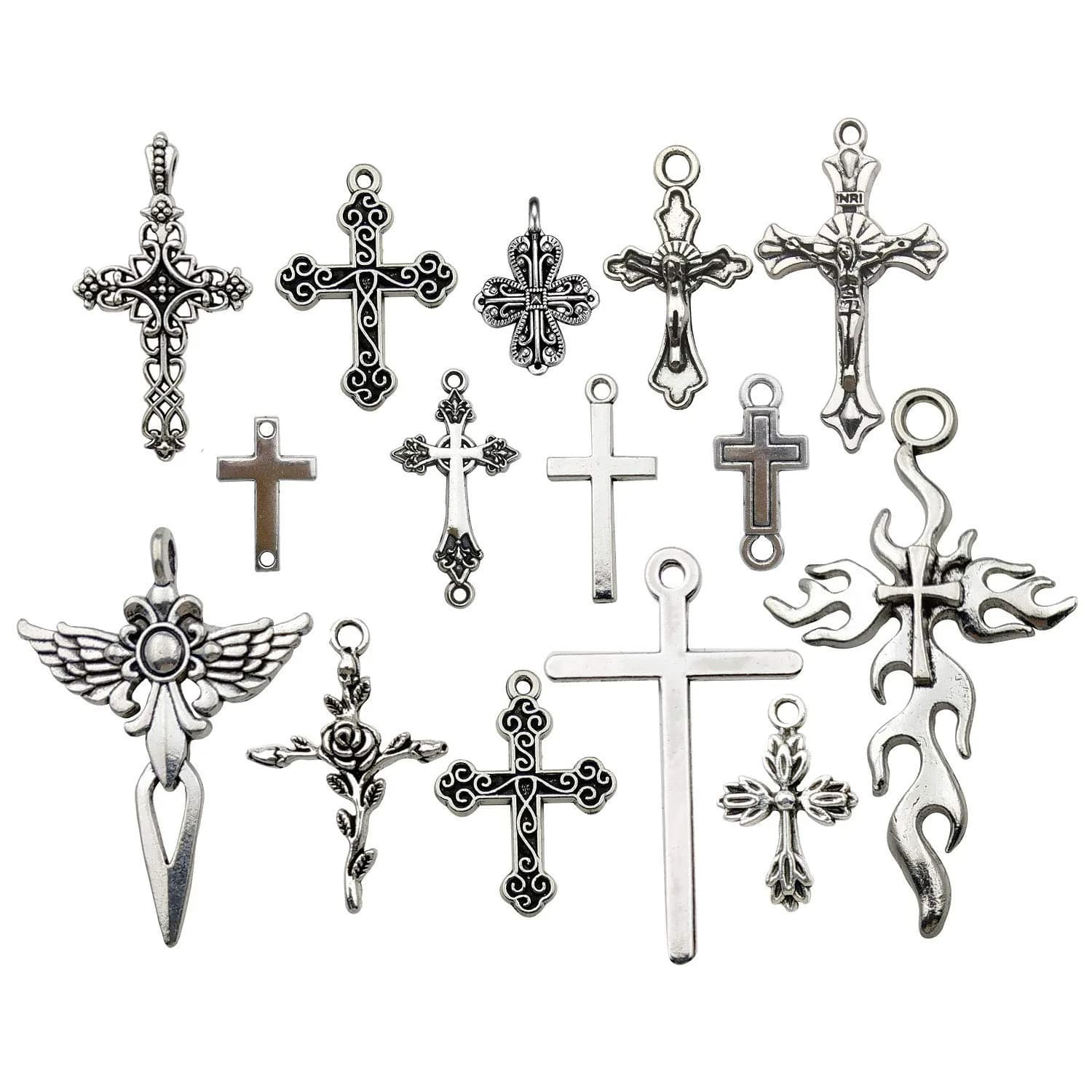 iloveDIYbeads Antique Silver Jesus Christ Cross Charms Pendants 100g (42pcs) | Lead & Nickel Free Zinc Alloy for Jewelry Making - main product image