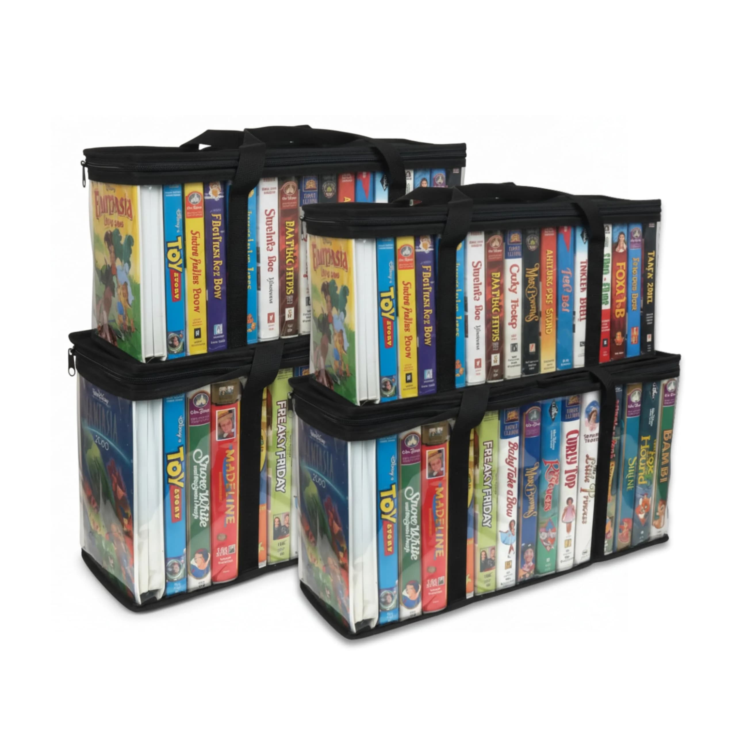 Evelots VHS Storage Bags, 4 Pack, Holds 60 VHS Tapes | Portable Polyester & PVC Movie Organizer — (Holds 60)