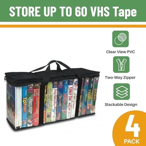 Evelots VHS Storage Bags, 4 Pack, Holds 60 VHS Tapes | Portable Polyester & PVC Movie Organizer thumbnail 2