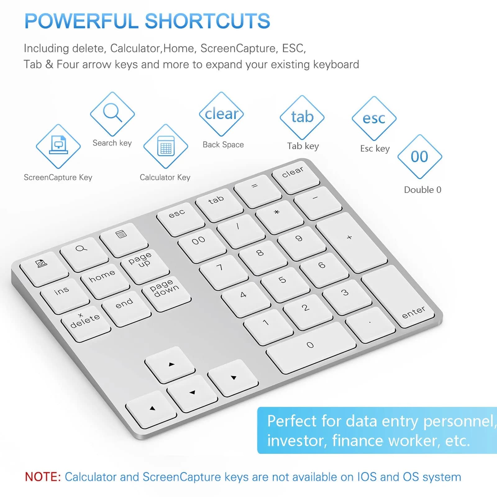 Lekvey Bluetooth Number Pad, Aluminum Rechargeable Wireless Numeric Keypad 34-Keys | Slim External Numpad Keyboard for Laptop, MacBook, iMac, Windows, Surface Pro - view 5