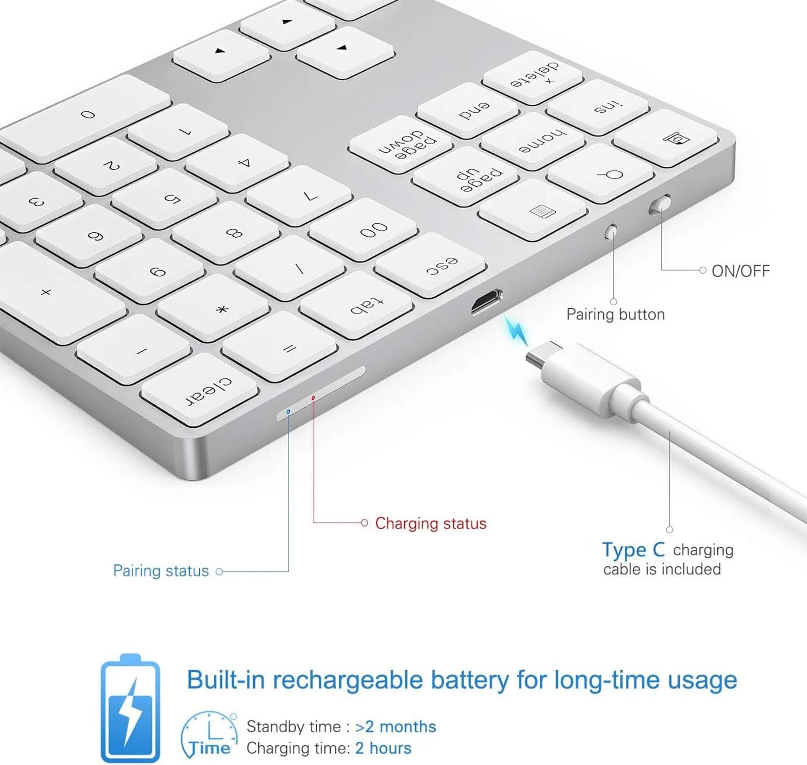 Lekvey Bluetooth Number Pad, Aluminum Rechargeable Wireless Numeric Keypad 34-Keys | Slim External Numpad Keyboard for Laptop, MacBook, iMac, Windows, Surface Pro - view 6