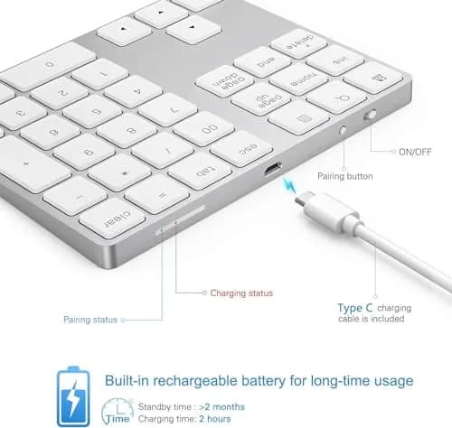 Lekvey Bluetooth Number Pad, Aluminum Rechargeable Wireless Numeric Keypad 34-Keys | Slim External Numpad Keyboard for Laptop, MacBook, iMac, Windows, Surface Pro thumbnail 6