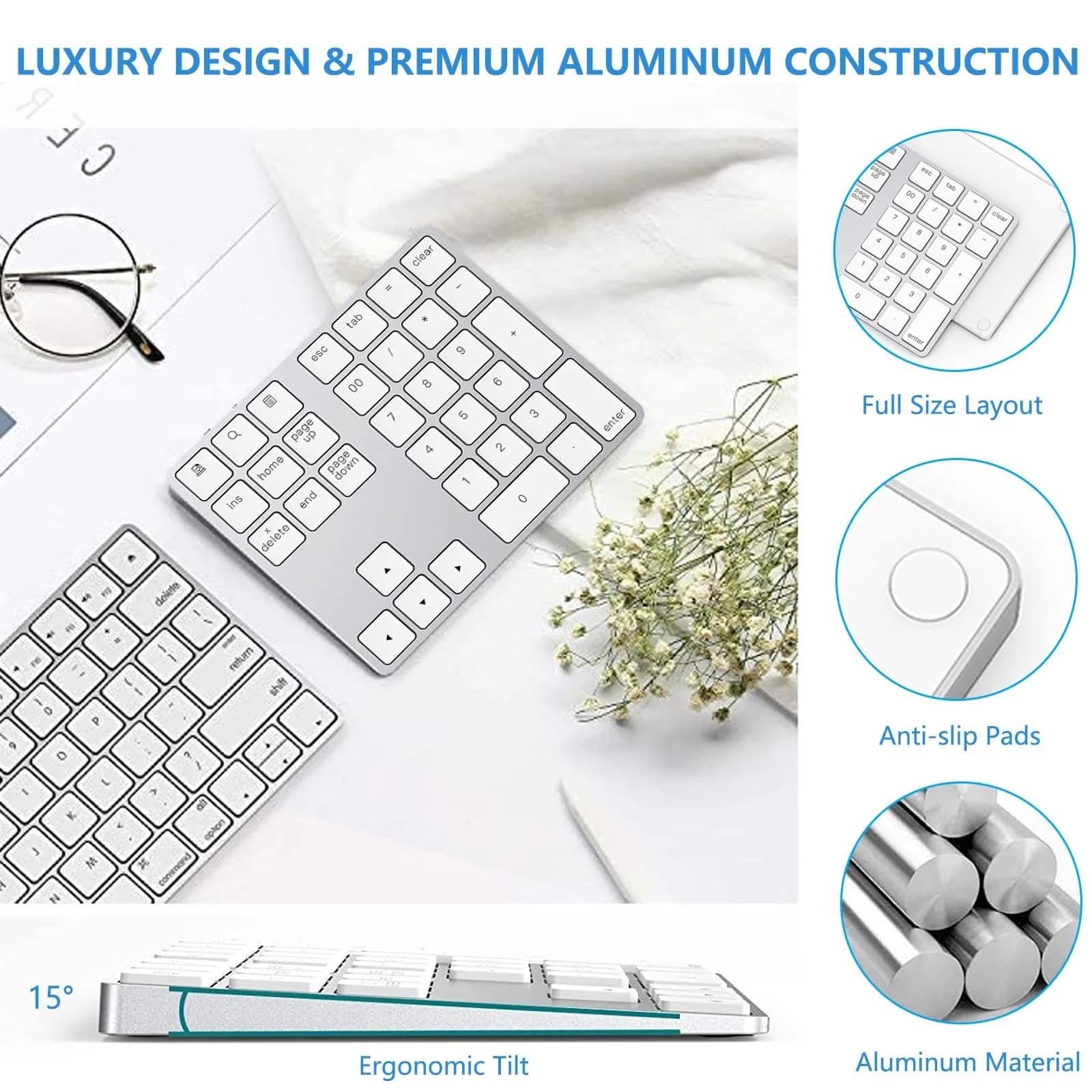 Lekvey Bluetooth Number Pad, Aluminum Rechargeable Wireless Numeric Keypad 34-Keys | Slim External Numpad Keyboard for Laptop, MacBook, iMac, Windows, Surface Pro - view 3