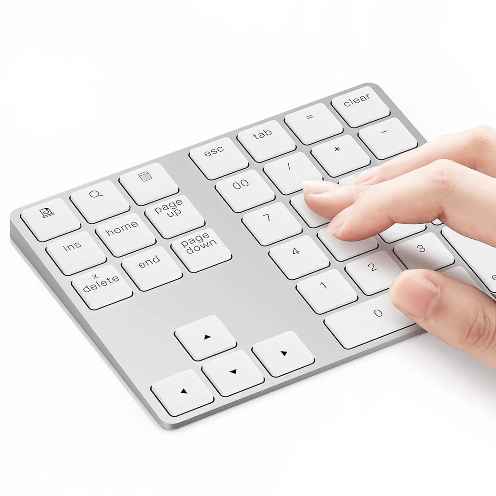 Lekvey Aluminum Rechargeable Wireless Numeric Keypad 34-Keys | Bluetooth 5.0 for Mac, Windows, Android — White and Silver