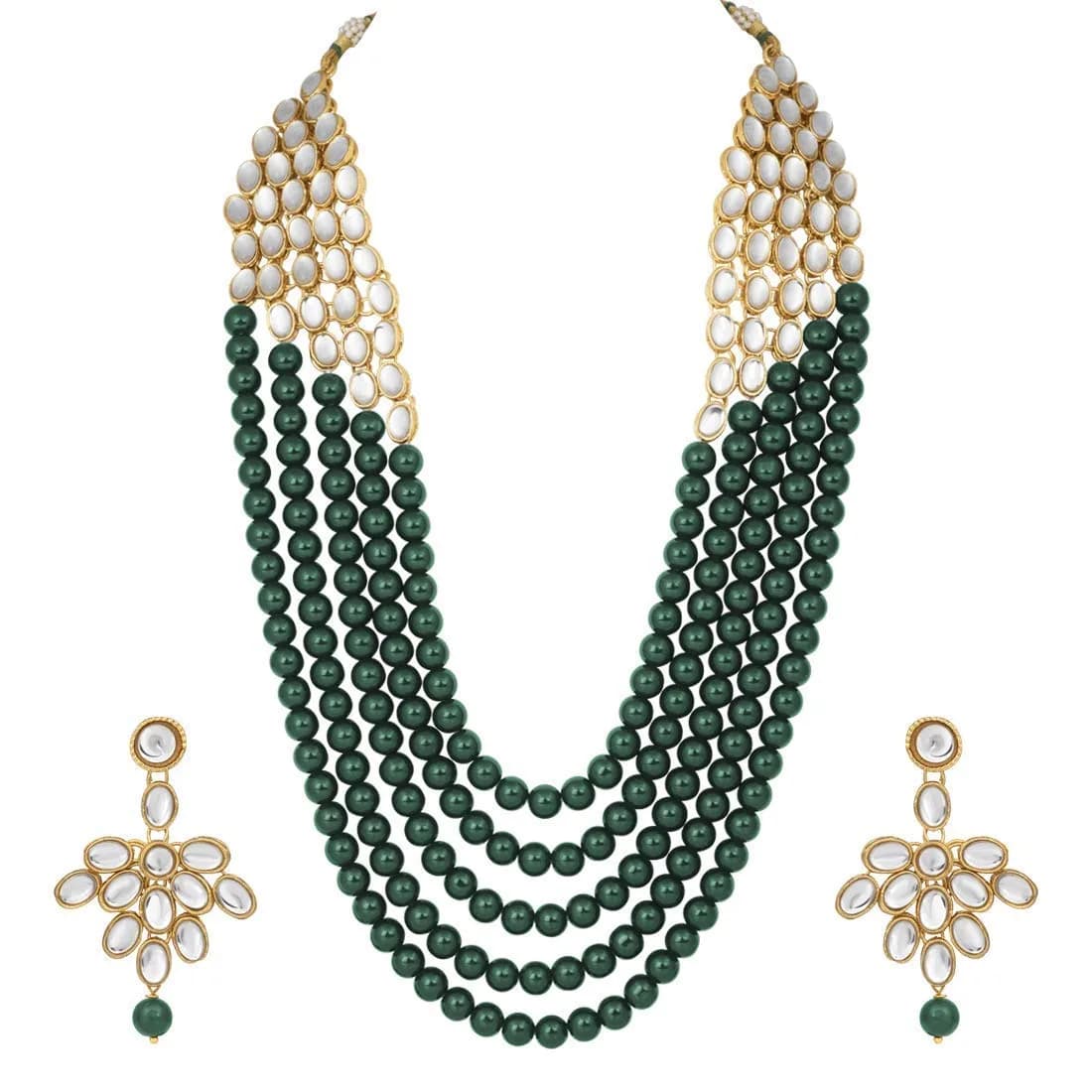 I Jewels White 5 Layer Faux Mother-of-Pearl and Kundan Rani Jewelry Set with Earrings for Women (Green) | Traditional Party Wear - main product image