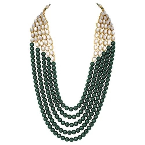 I Jewels White 5 Layer Faux Mother-of-Pearl and Kundan Rani Jewelry Set with Earrings for Women (Green) | Traditional Party Wear thumbnail 2