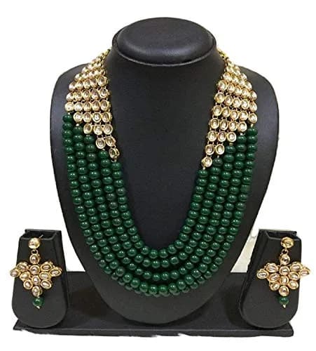 I Jewels White 5 Layer Faux Mother-of-Pearl and Kundan Rani Jewelry Set with Earrings for Women (Green) | Traditional Party Wear thumbnail 3