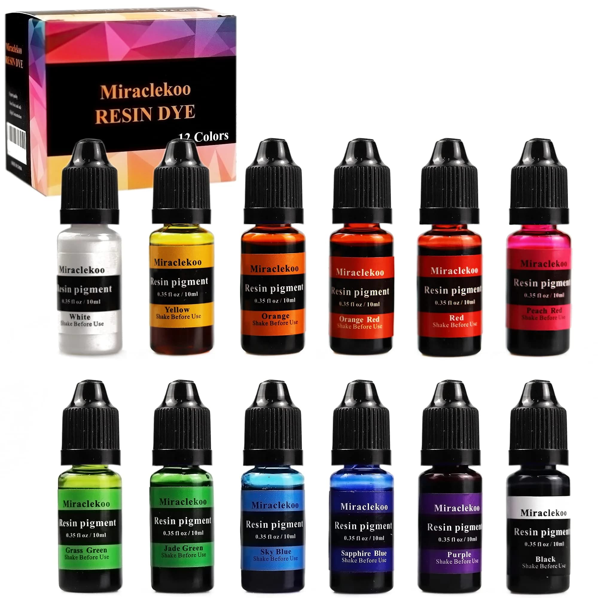 Miraclekoo 12 Colors Epoxy Resin Dye 10ml Bottles | Translucent Liquid Pigment for Crafts - main product image