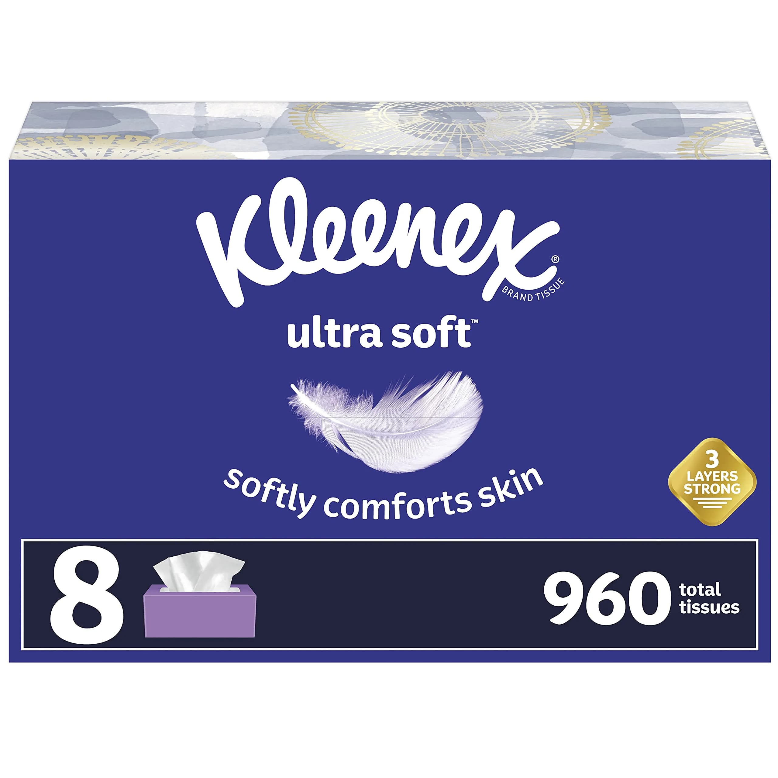 Kleenex Ultra Soft Facial Tissues, 8 Flat Boxes, 120 Tissues per Box (960 Total Tissues) | Soft 3-Ply Tissues for Everyday Comfort - main product image