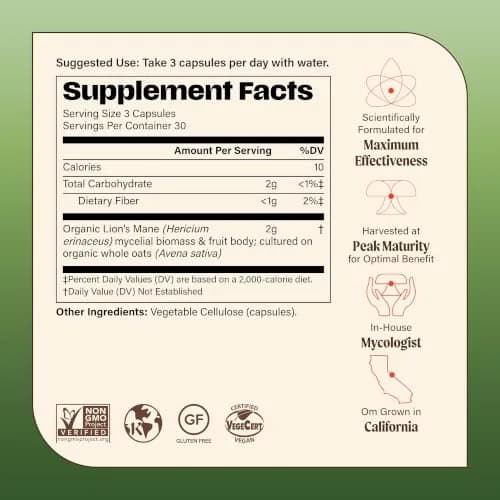 OM MUSHROOM SUPERFOOD Lion’s Mane Mushroom Capsules - Organic Brain Support, 90 Count (30 Servings) in USA thumbnail 8