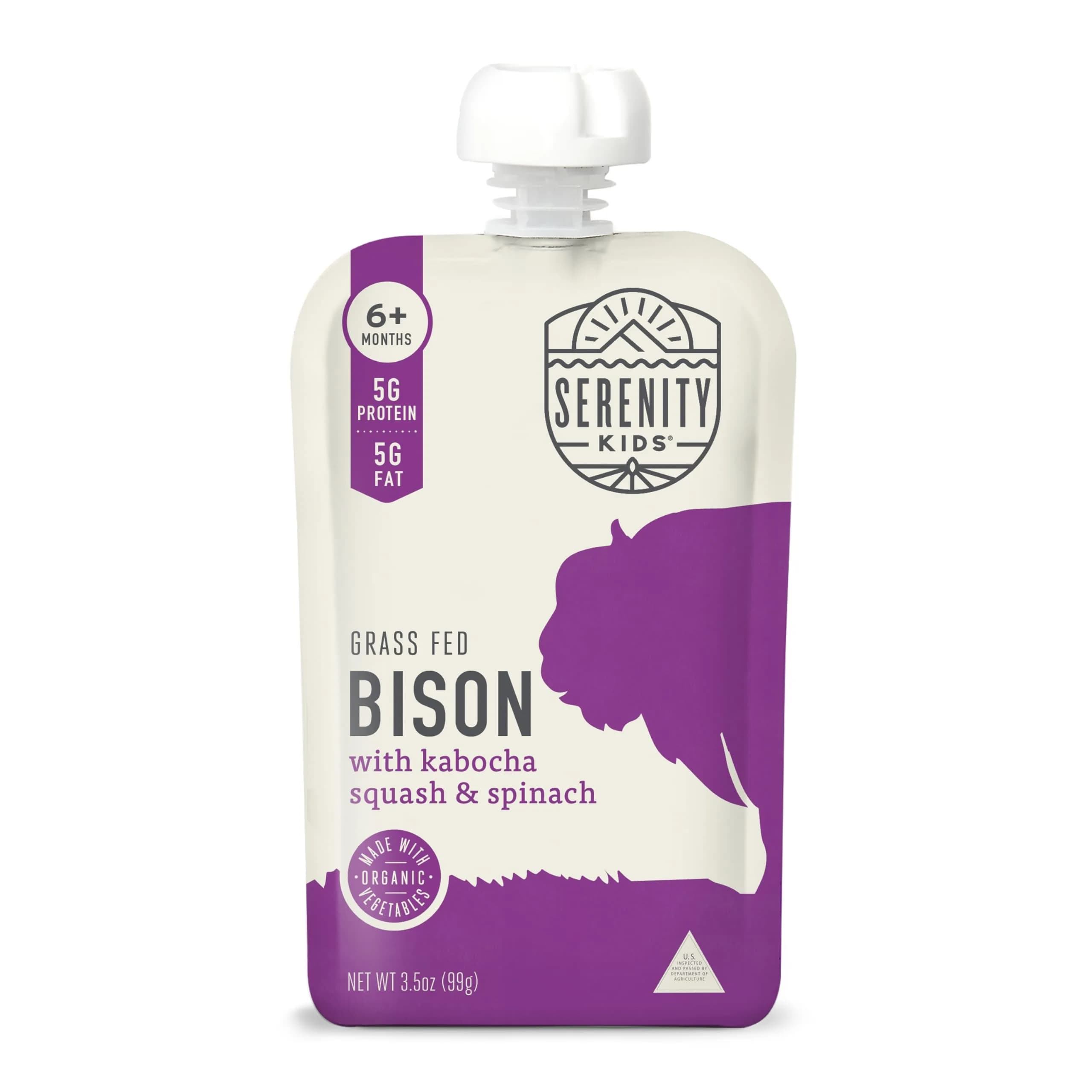 Serenity Kids 6+ Months Baby Food Pouches Puree Made With Ethically Sourced Meats & Organic Veggies | 3.5 Ounce BPA-Free Pouch | Grass Fed Bison, Kabocha Squash, Spinach