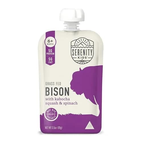 Serenity Kids 6+ Months Baby Food Pouches Puree Made With Ethically Sourced Meats & Organic Veggies | 3.5 Ounce BPA-Free Pouch | Grass Fed Bison, Kabocha Squash, Spinach thumbnail 1