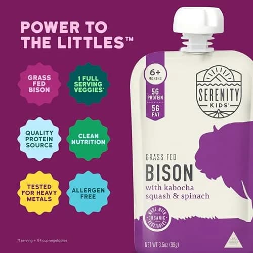 Serenity Kids 6+ Months Baby Food Pouches Puree Made With Ethically Sourced Meats & Organic Veggies | 3.5 Ounce BPA-Free Pouch | Grass Fed Bison, Kabocha Squash, Spinach thumbnail 4