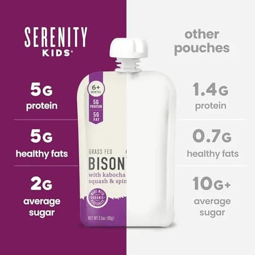 Serenity Kids 6+ Months Baby Food Pouches Puree Made With Ethically Sourced Meats & Organic Veggies | 3.5 Ounce BPA-Free Pouch | Grass Fed Bison, Kabocha Squash, Spinach thumbnail 7
