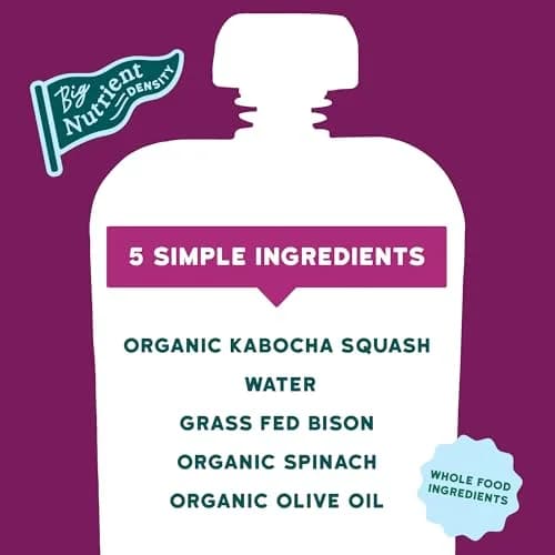Serenity Kids 6+ Months Baby Food Pouches Puree Made With Ethically Sourced Meats & Organic Veggies | 3.5 Ounce BPA-Free Pouch | Grass Fed Bison, Kabocha Squash, Spinach thumbnail 2