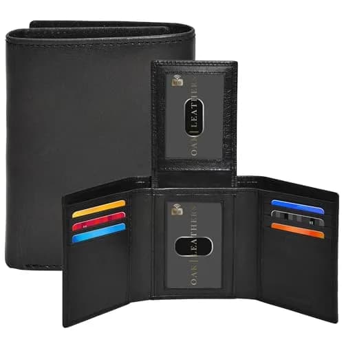 Oak Leathers Classic Black Trifold Wallet with RFID Blocking and ID Window thumbnail 1