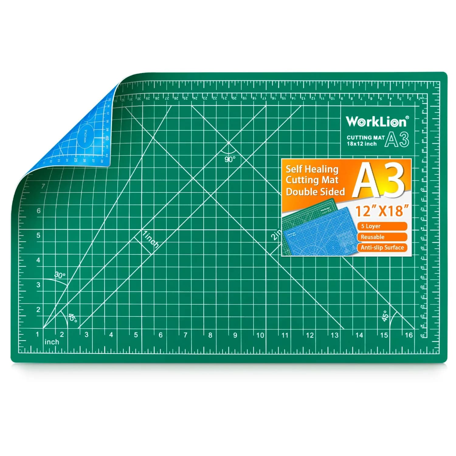 WORKLION 12" x 18" Self Healing PVC Cutting Mat, Double Sided, Gridded Rotary Cutting Board for Craft, Fabric, Quilting, Sewing, Scrapbooking — A3: Green/Blue