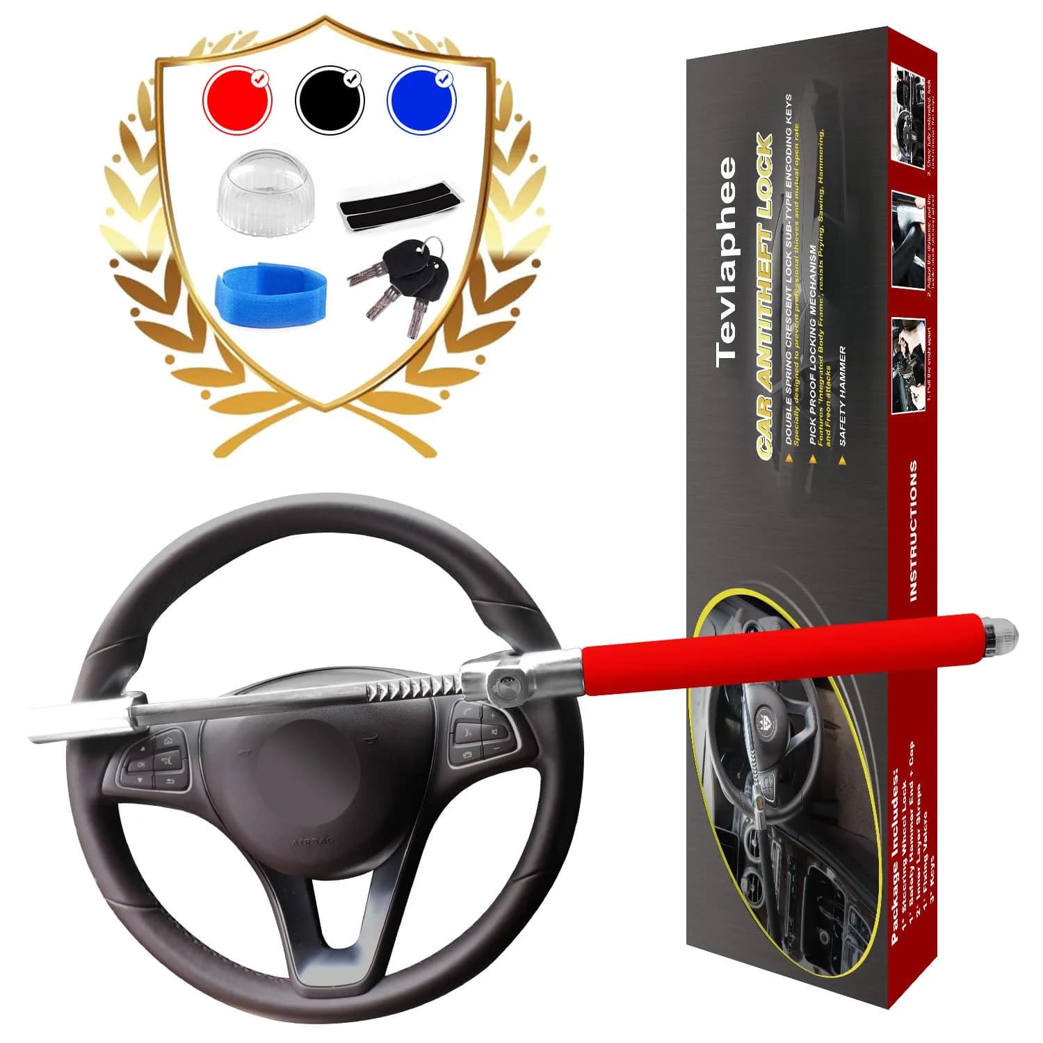 Tevlaphee Steering Wheel Lock for Cars, Heavy Duty, Adjustable Length, Universal Fit, Anti-Theft Device, Emergency Hammer, Window Breaker — Red