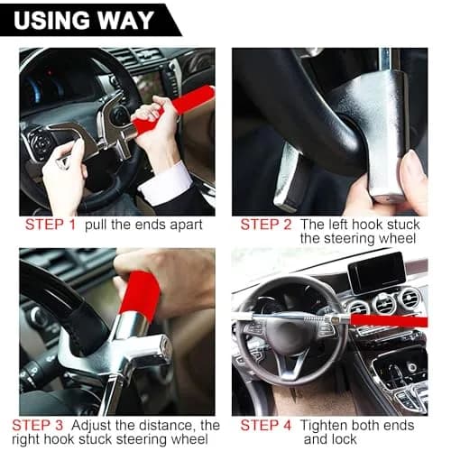 Tevlaphee Steering Wheel Lock for Cars, Heavy Duty, Adjustable Length, Universal Fit, Anti-Theft Device, Emergency Hammer, Window Breaker thumbnail 5