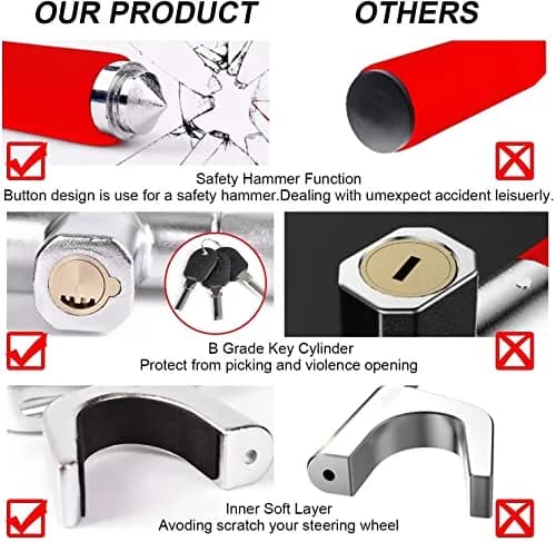 Tevlaphee Steering Wheel Lock for Cars, Heavy Duty, Adjustable Length, Universal Fit, Anti-Theft Device, Emergency Hammer, Window Breaker thumbnail 3