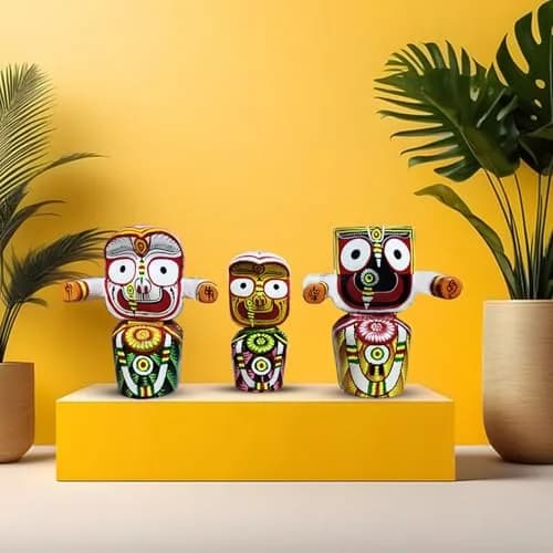 NEALEXKLUSIVE Wooden Lord Jagannath, Balaram & Subhadra Idol Set | 10.16 cm (4 Inch) Multicolor thumbnail 1
