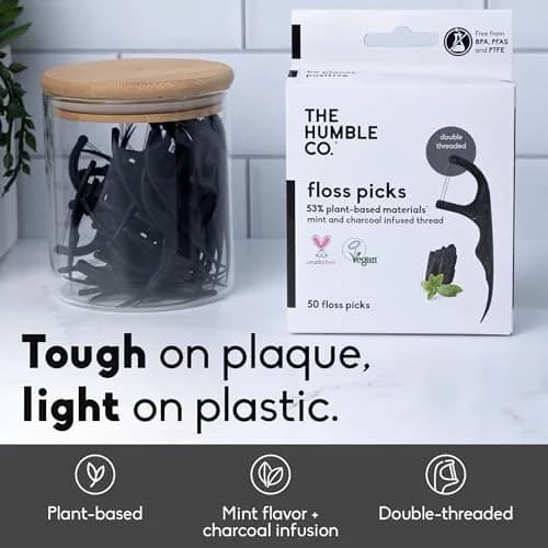 The Humble Co. Dental Floss Picks, Double Thread, Charcoal (200 Count) | Eco-Friendly, Vegan Oral Care thumbnail 2