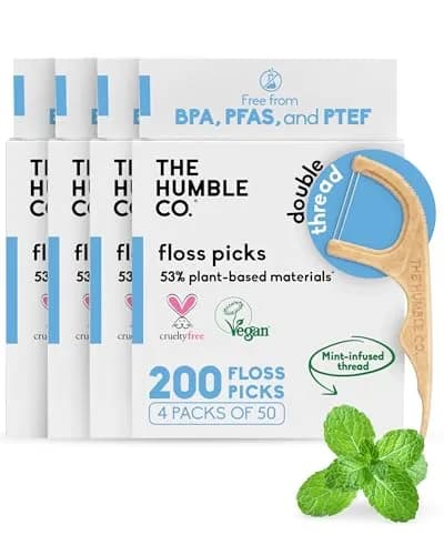 The Humble Co. Mint Dental Floss Picks Double Thread 200 Count | Dentist-Designed, Plant-Based Materials thumbnail 1