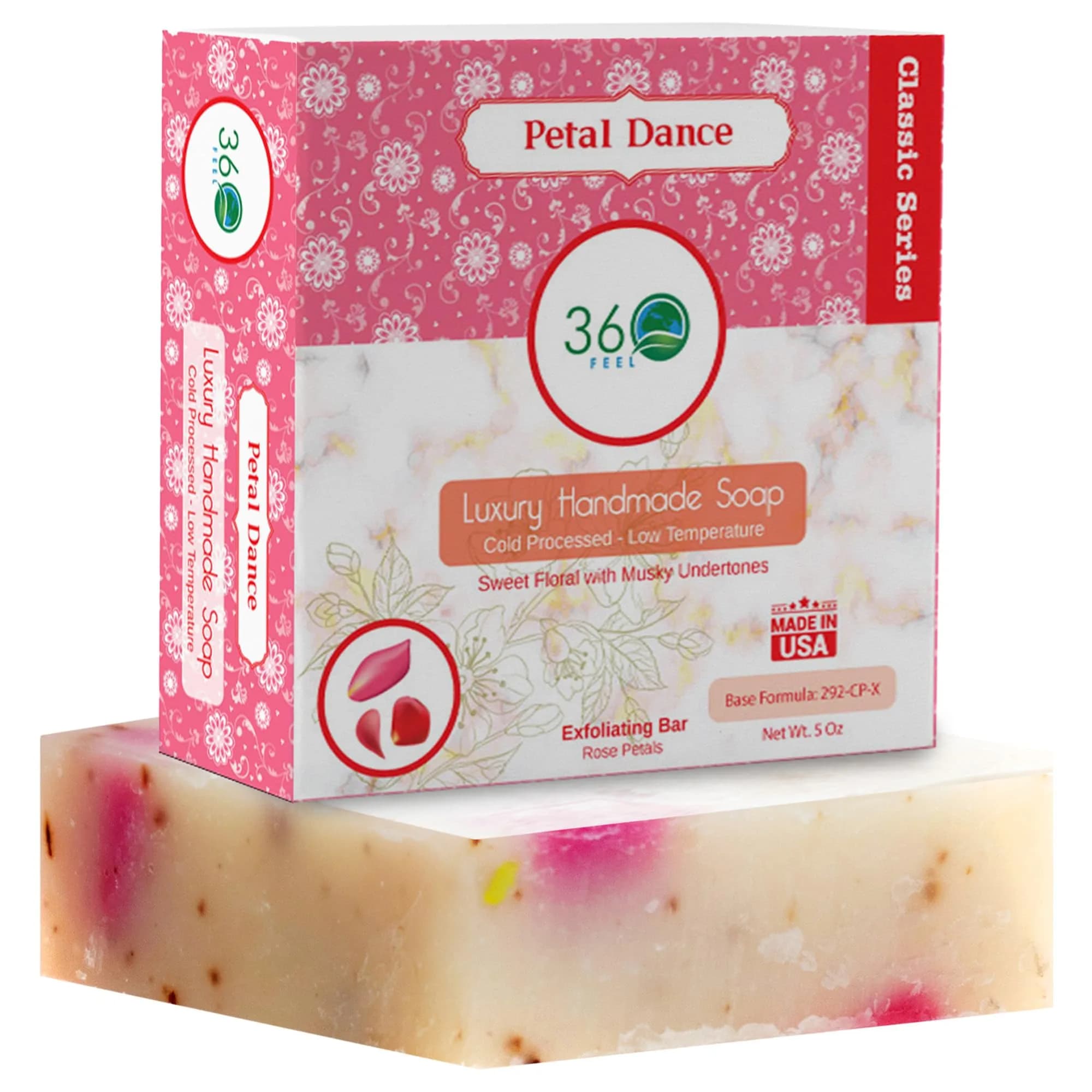360Feel Floral Handmade Soap Bar 5oz | Exfoliating with Rose Petals & Essential Oils for Sensitive Skin