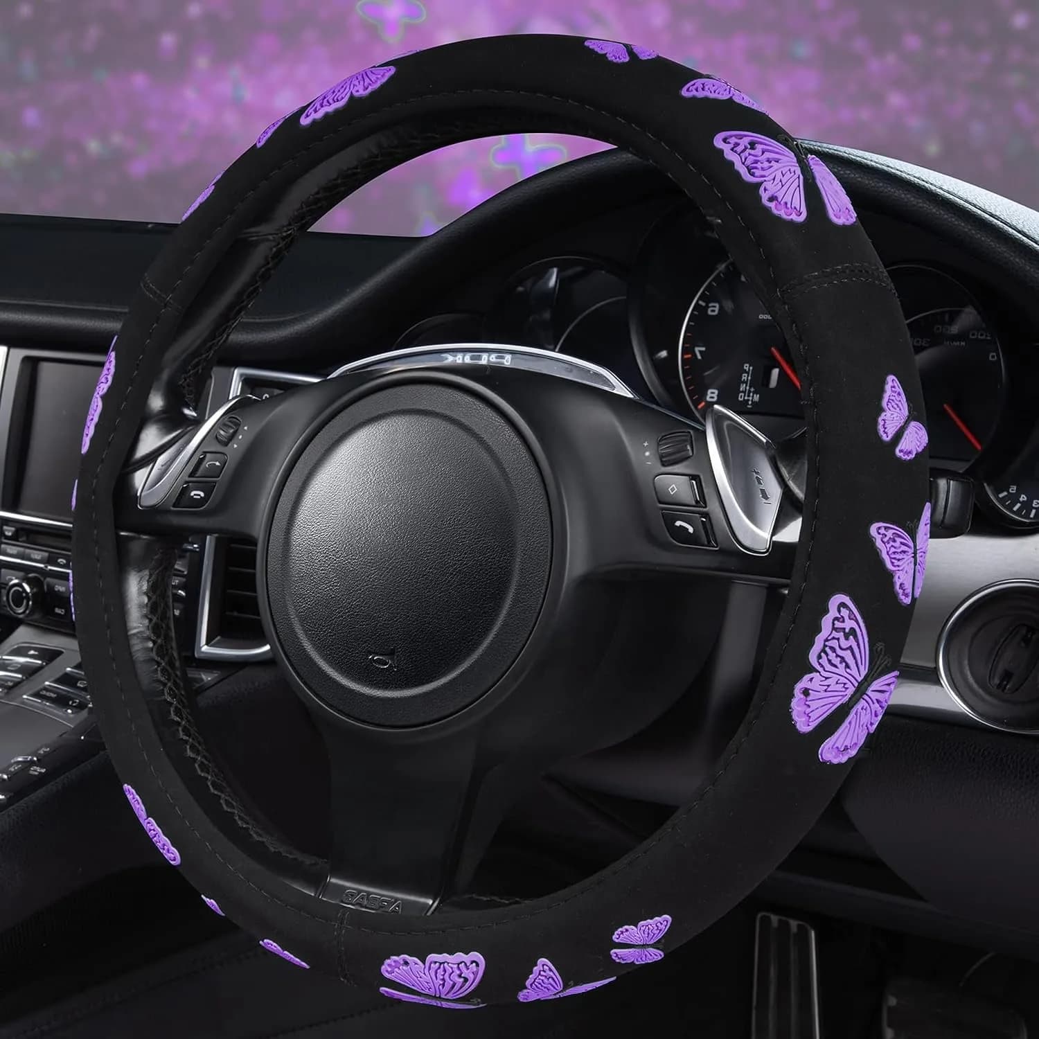 Car Pass Purple Butterfly Steering Wheel Cover 14.5"-15.5" | Superior Grip & Safety for Cars