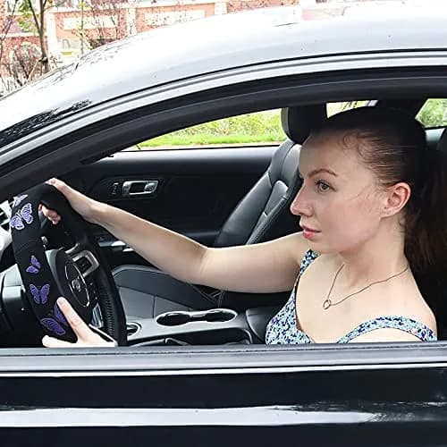 Car Pass Purple Butterfly Steering Wheel Cover 14.5"-15.5" | Superior Grip & Safety for Cars thumbnail 2