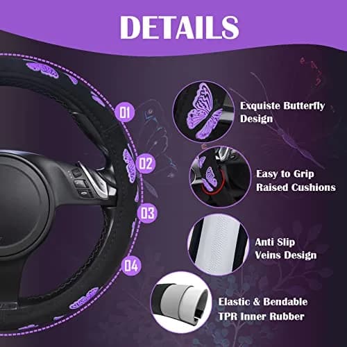 Car Pass Purple Butterfly Steering Wheel Cover 14.5"-15.5" | Superior Grip & Safety for Cars thumbnail 3