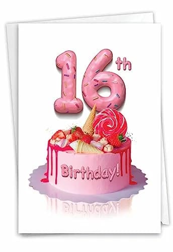 The Best Card Company 16th Happy Birthday Greeting Card with Envelope | Milestone Celebration Cake Design thumbnail 1