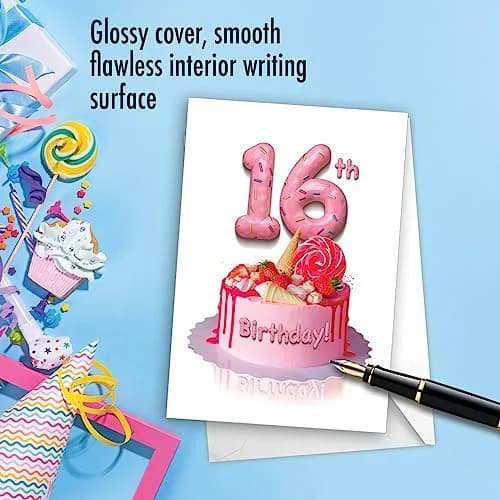 The Best Card Company 16th Happy Birthday Greeting Card with Envelope | Milestone Celebration Cake Design thumbnail 3