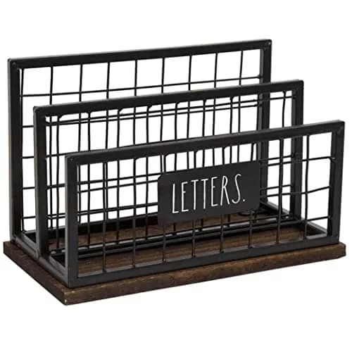 Rae Dunn Desktop Letter Holder – 2 Compartment Mail & Stationary Organizer – Galvanized Steel & Solid Wood, “Letters” Print thumbnail 1