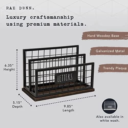 Rae Dunn Desktop Letter Holder – 2 Compartment Mail & Stationary Organizer – Galvanized Steel & Solid Wood, “Letters” Print thumbnail 2