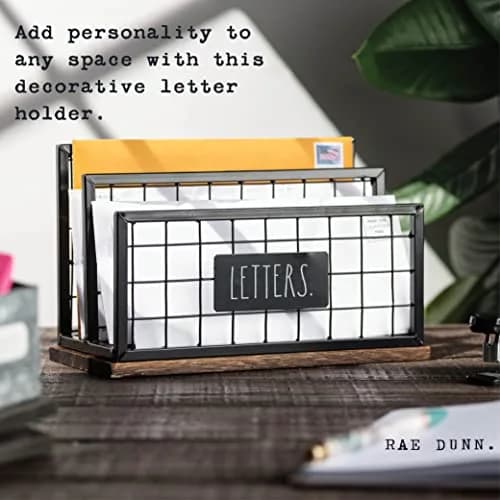 Rae Dunn Desktop Letter Holder – 2 Compartment Mail & Stationary Organizer – Galvanized Steel & Solid Wood, “Letters” Print thumbnail 3