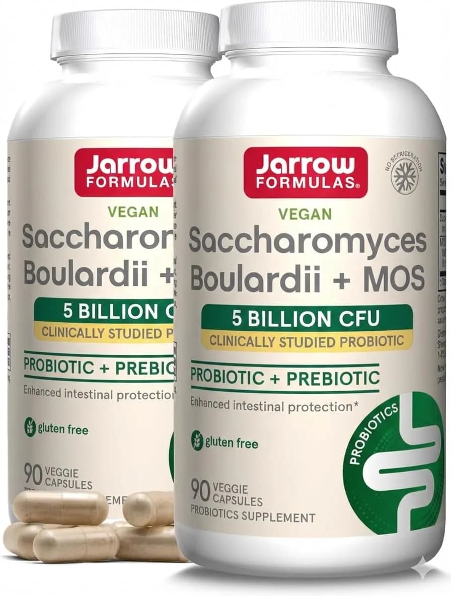 Jarrow Formulas Saccharomyces Boulardii + MOS 180 Servings (90 Count Pack of 2) | Probiotic + Prebiotic for Digestive Health Support — Unflavored