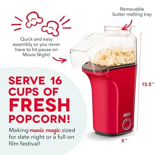 Dash Fresh Pop Popcorn Maker 16-Cup Red | Oil-Free Hot Air Popper for Family & Movie Nights thumbnail 3