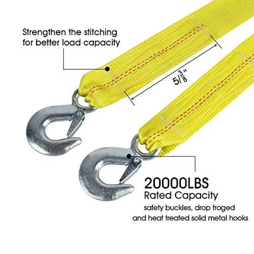 JCHL Nylon Tow Strap with Hooks 2"x20’ (6.1m) — 9072 kg (20,000 lbs) Capacity | Heavy Duty Recovery Rope for Cars, Trucks, SUVs thumbnail 3